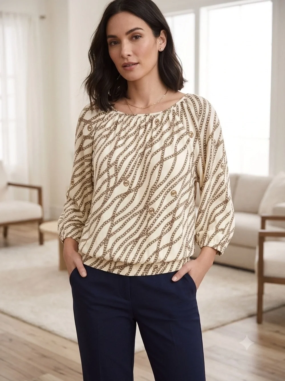 Michael Kors Cream Blouson Top with Gold Chain Print